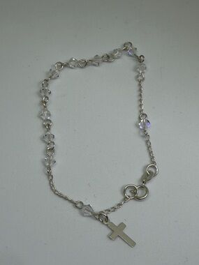 925 Sterling Silver 7” Crystal Glass Bead Cross Bracelet NEW